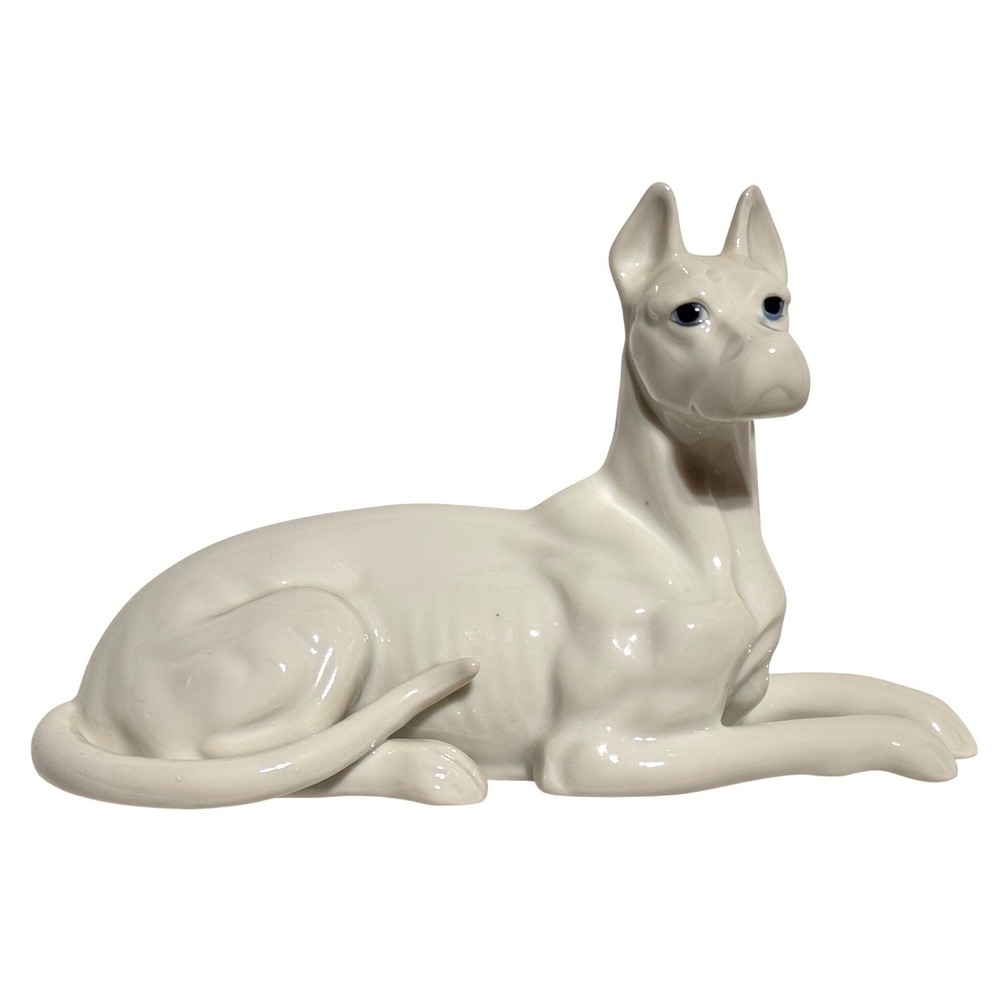 Norleans White Great Dane Statue Figurine 6.5" White Ceramic Blue Eyes Laying